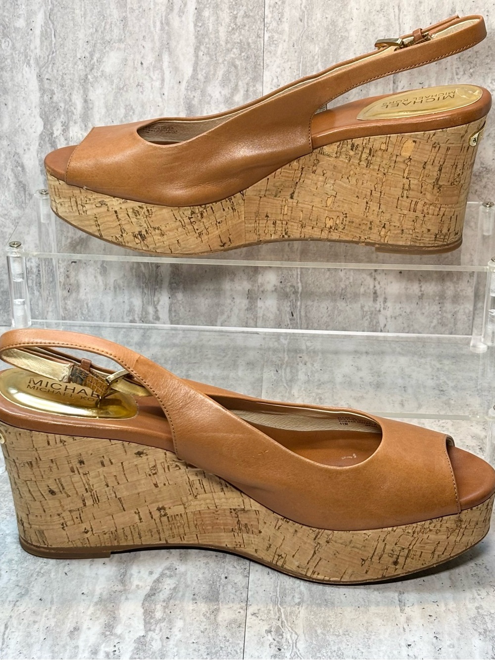 Michael Kors Natalia Brown Leather Cork Wedge Platform Sandals Sz 11M